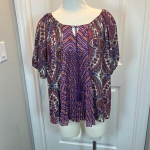 One World Boho Paisley Tassel Tunic Top Women‎ S Short Sleeve Bohemian